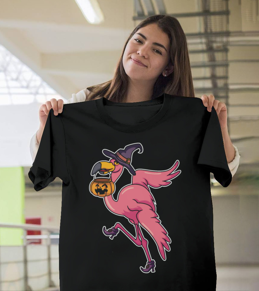 Flamingo Witch with Pumpkin Jack-O'-Lantern for Halloween Candy T-Shirt