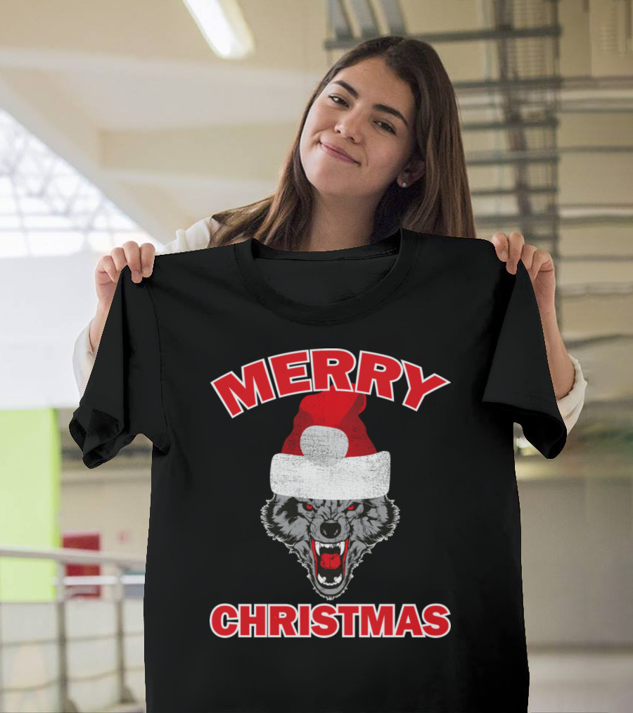 Merry Christmas Wolf Santa Hat T-Shirt