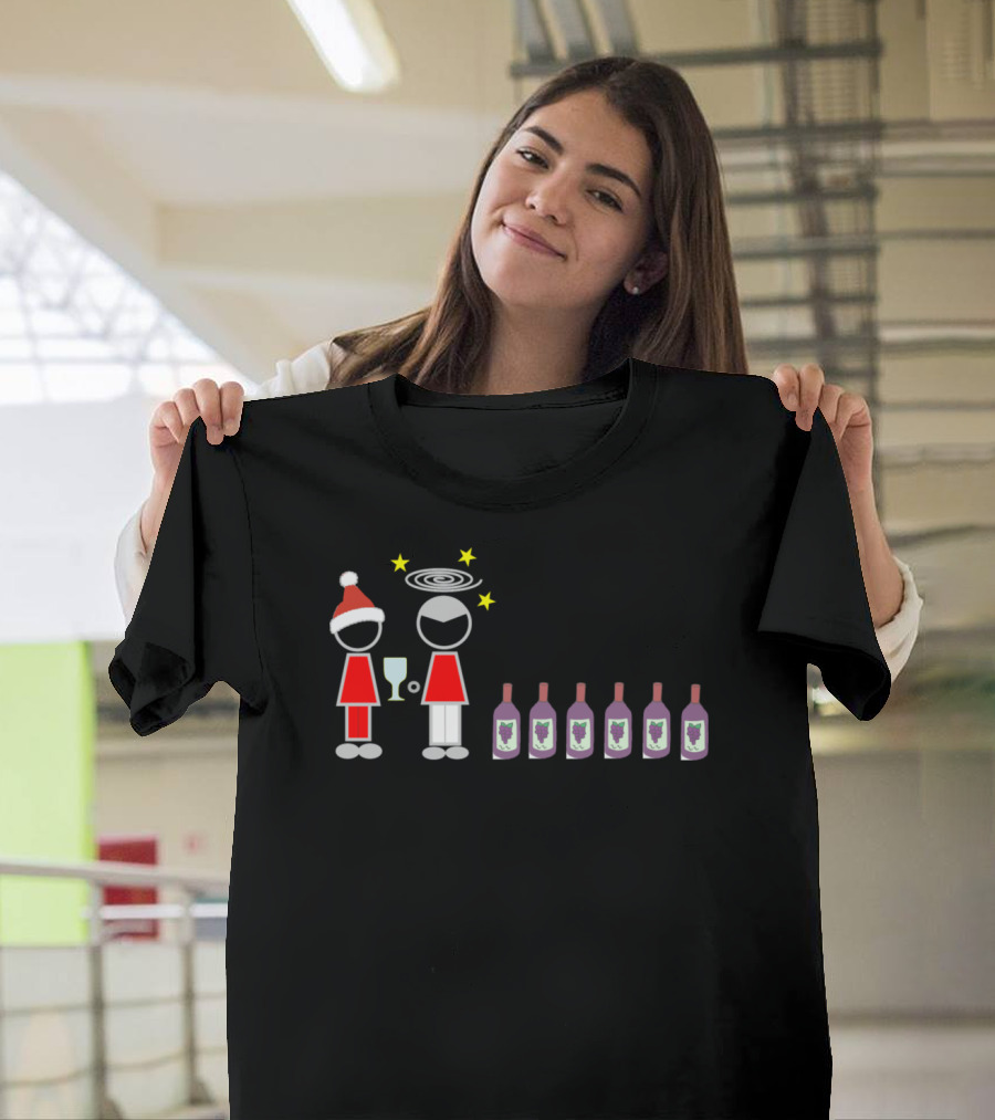 Santa Hat Stick Figures Wine Bottles Party T-Shirt