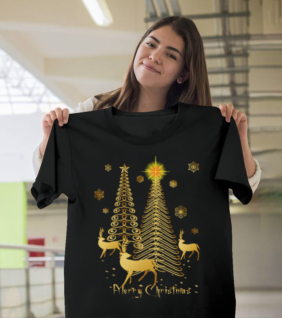 Merry Christmas Gold Trees and Reindeer Snowflakes T-Shirt
