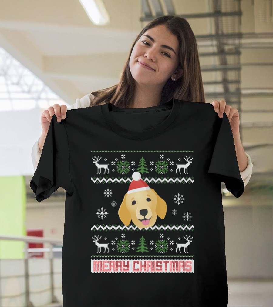 Merry Christmas Golden Retriever Santa Snowflakes Reindeer Trees T-Shirt