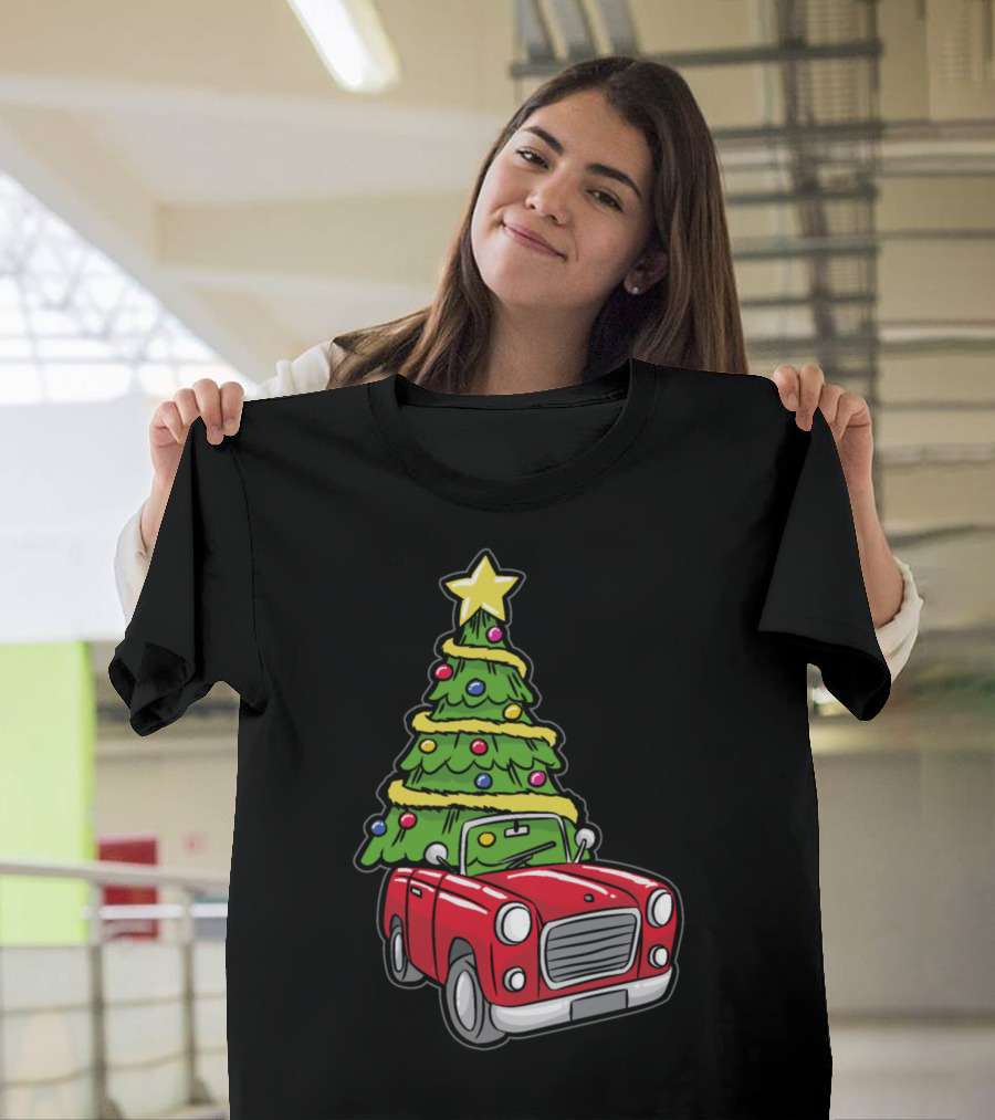 Christmas Tree on Red Car with Star and Ornaments T-Shirt