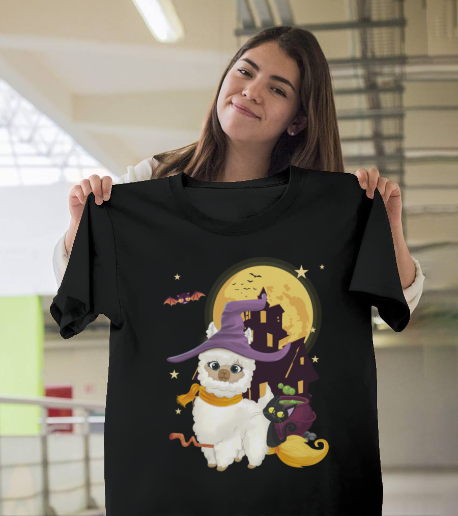 Cute Mama Llama Witch with Broom and Pumpkin by Haunted House and Full Moon T-Shirt