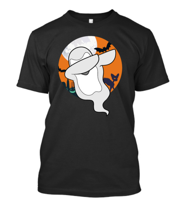 Dabbing Halloween Ghost With Full Moon And Bats T-Shirt