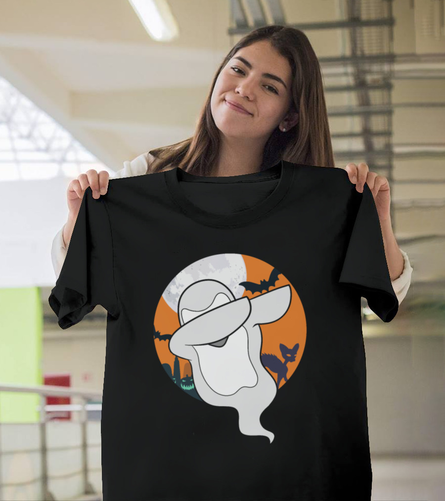 Dabbing Halloween Ghost with Full Moon and Bats T-Shirt