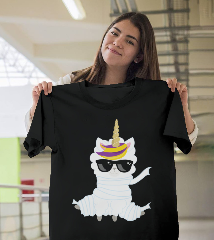 Halloween Mummy Unicorn Sheep with Sunglasses T-Shirt