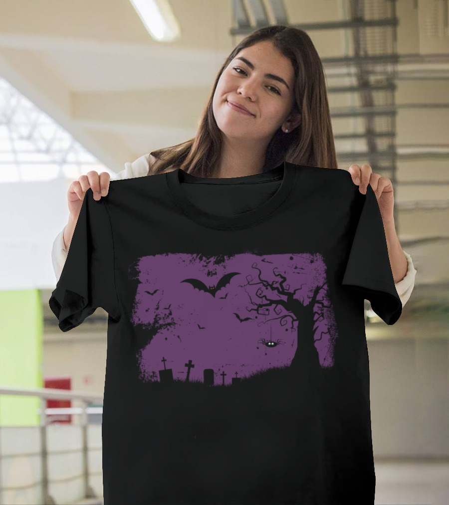 Helloween Spooky Spider and Bat Graveyard Scene T-Shirt