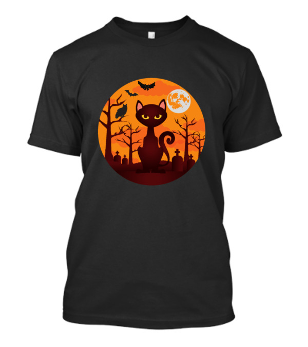 Orange Moon Halloween Cat Graveyard Bat T-Shirt