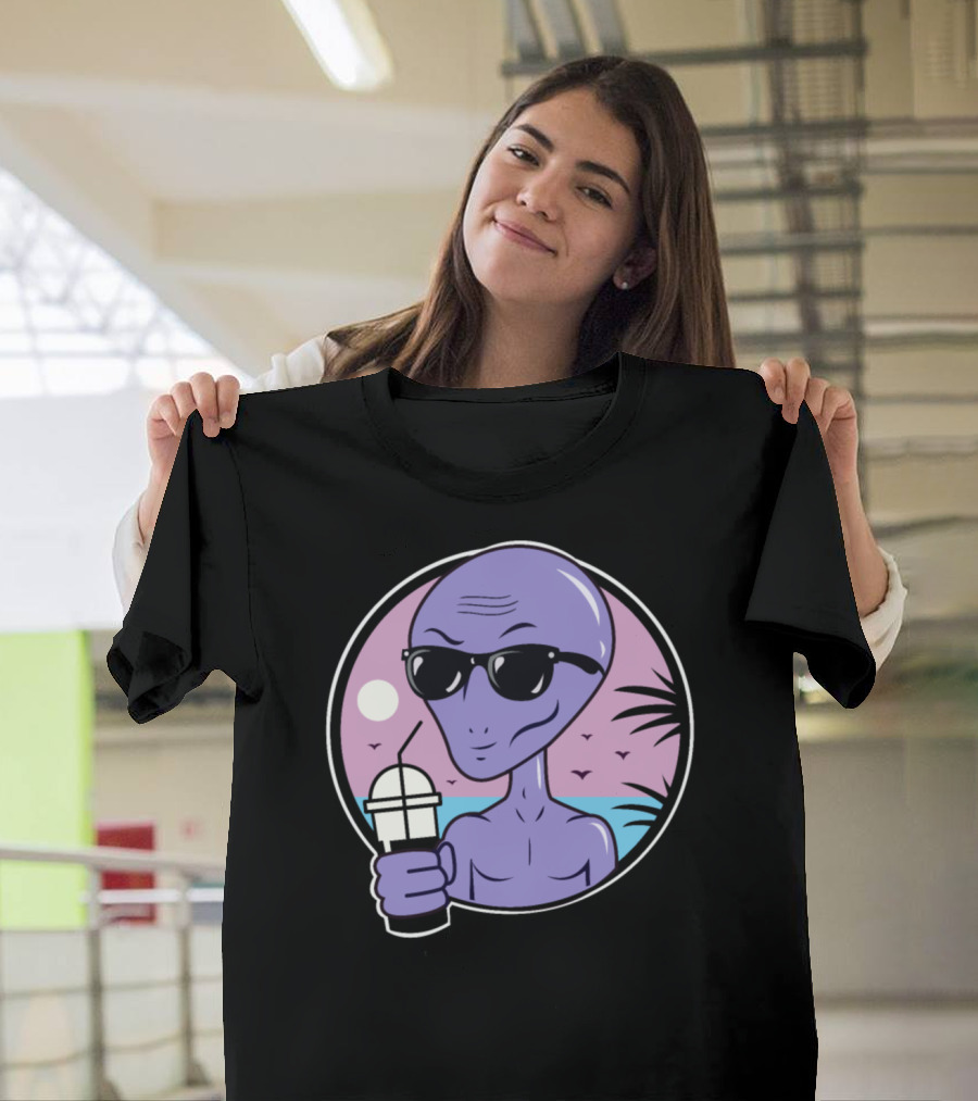 Area 51 Alien with Sunglasses Drinking Coffee by the Beach T-Shirt