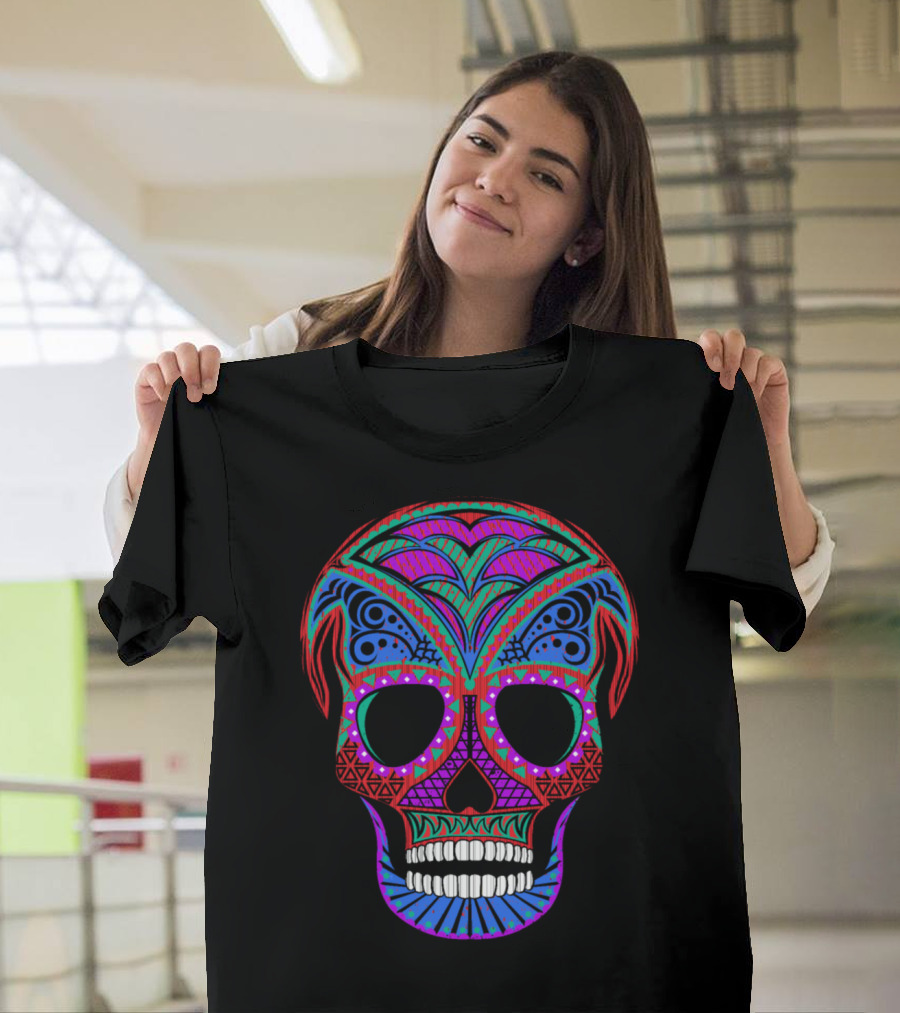 Colorful Vibrant Sugar Skull for Halloween Day of the Dead T-Shirt