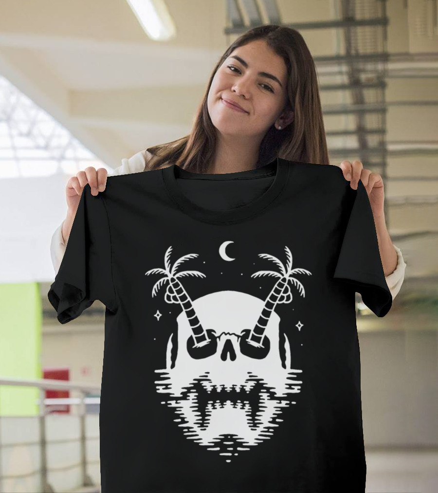 Death Island Skull with Palm Trees and Moon Scene T-Shirt
