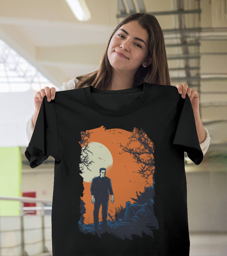 Frankenstein Under Full Moon in Haunted Landscape T-Shirt