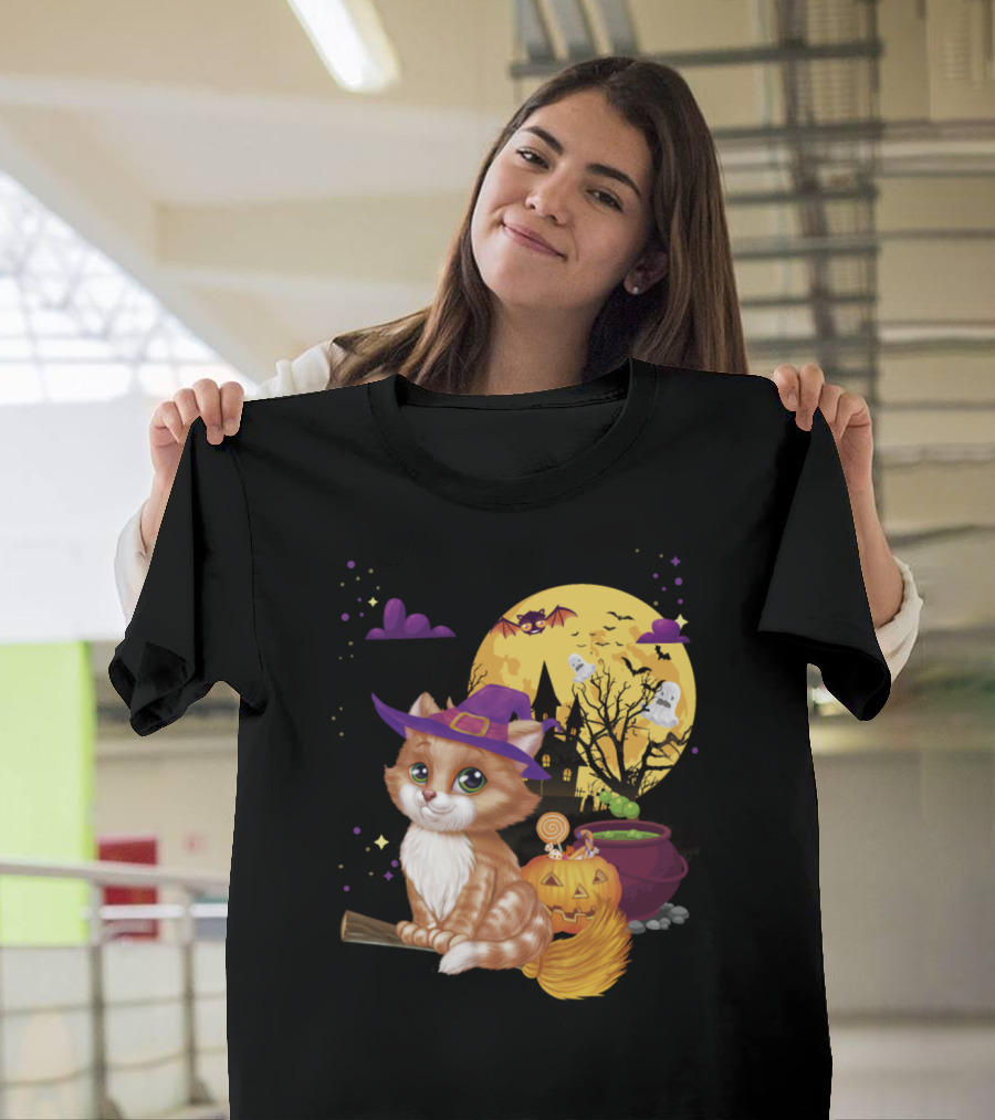 Meow Cat Witch Broom Pumpkin Halloween Moon Bats Ghosts T-Shirt