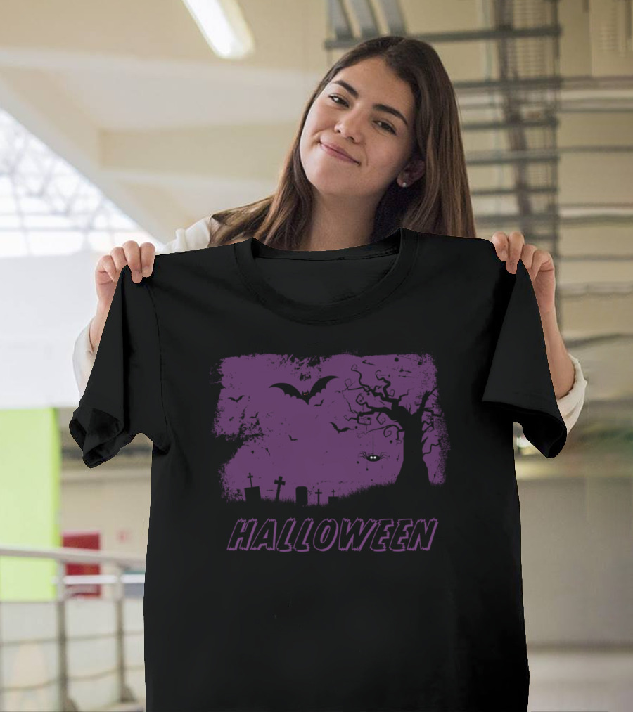 Halloween Night with Spider and Bat in Graveyard Scene T-Shirt