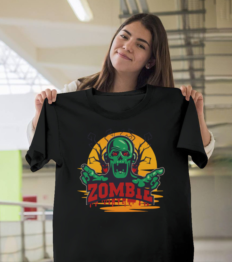 Zombie Halloween Creepy Green Monster with Spooky Trees T-Shirt