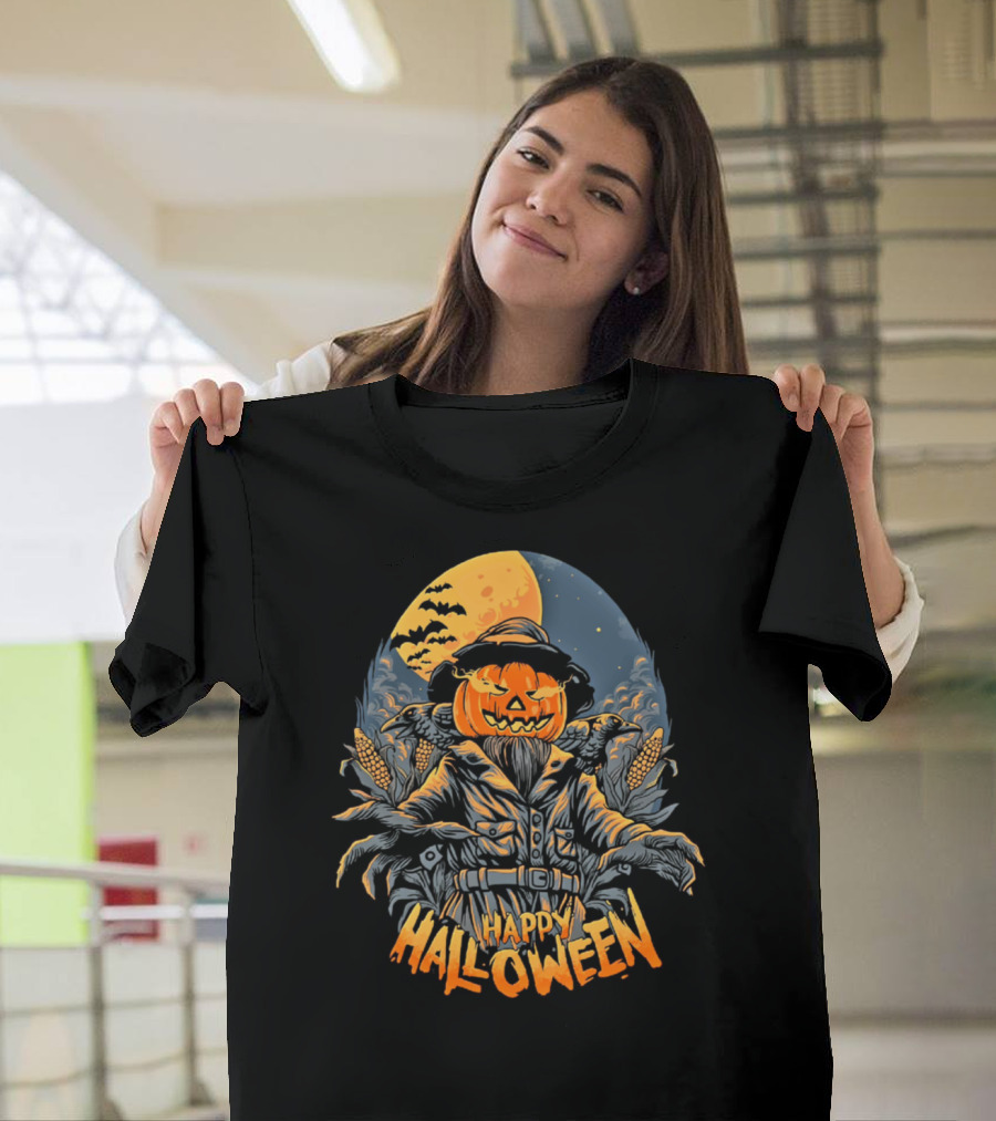 Happy Halloween Pumpkin Head Scarecrow Under Full Moon with Bats and Corn Stalks T-Shirt