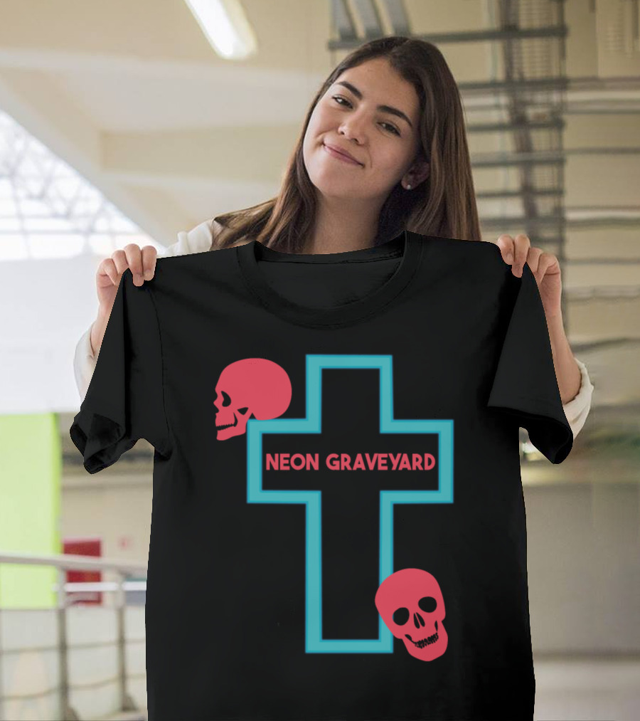 Neon Graveyard Cross with Pink Skulls Halloween Party T-Shirt