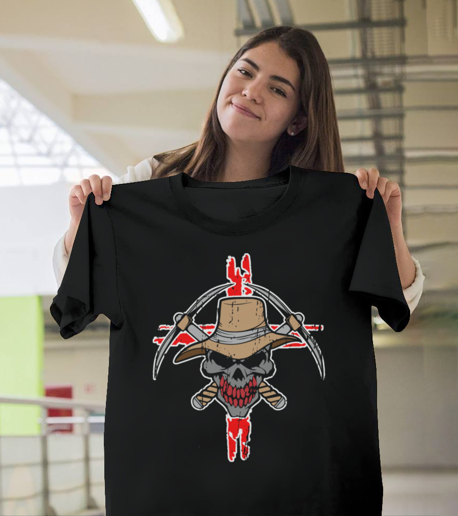 Scarewcrow Halloween Scary Skull Crossbones in Cowboy Hat T-Shirt