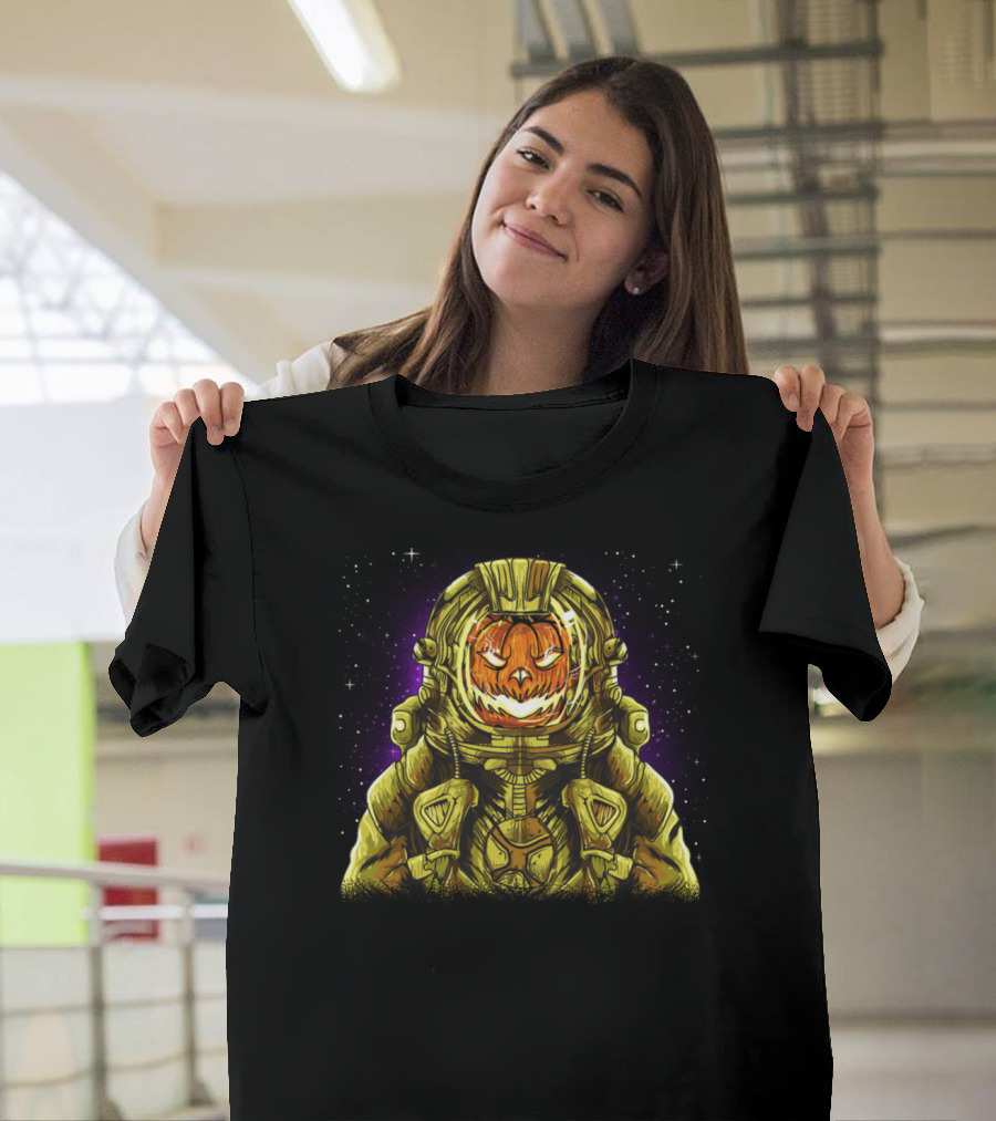 Scary Halloween Pumpkin Zombie Astronaut with Cosmic Star Background T-Shirt