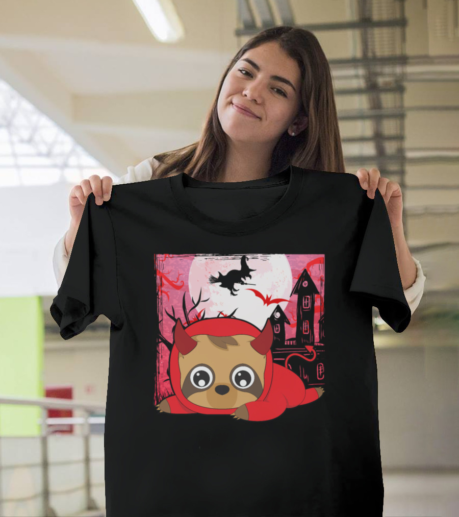 Cute Sloth Devil Halloween with Haunted House and Witch in Moonlight T-Shirt
