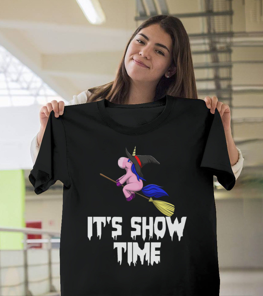 It's Show Time Unicorn Witch on Broomstick T-Shirt