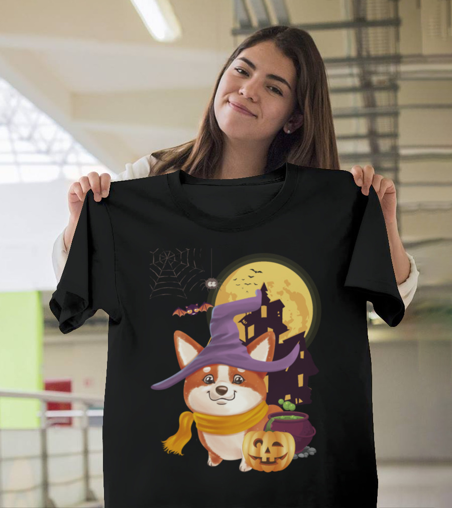 Welch Corgi Witch Halloween Pumpkin Haunted House Moon Bat T-Shirt