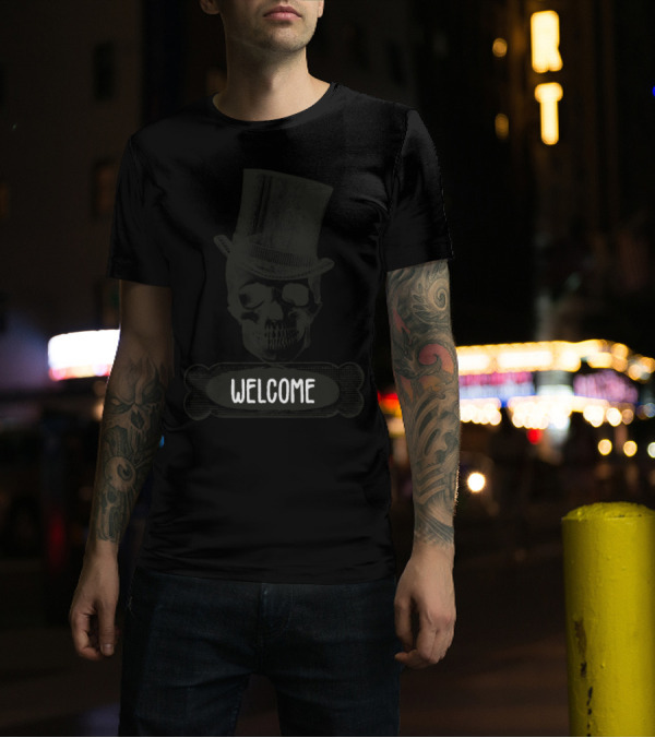 Welcome Sign Skull With Big Vintage Hat T-Shirt