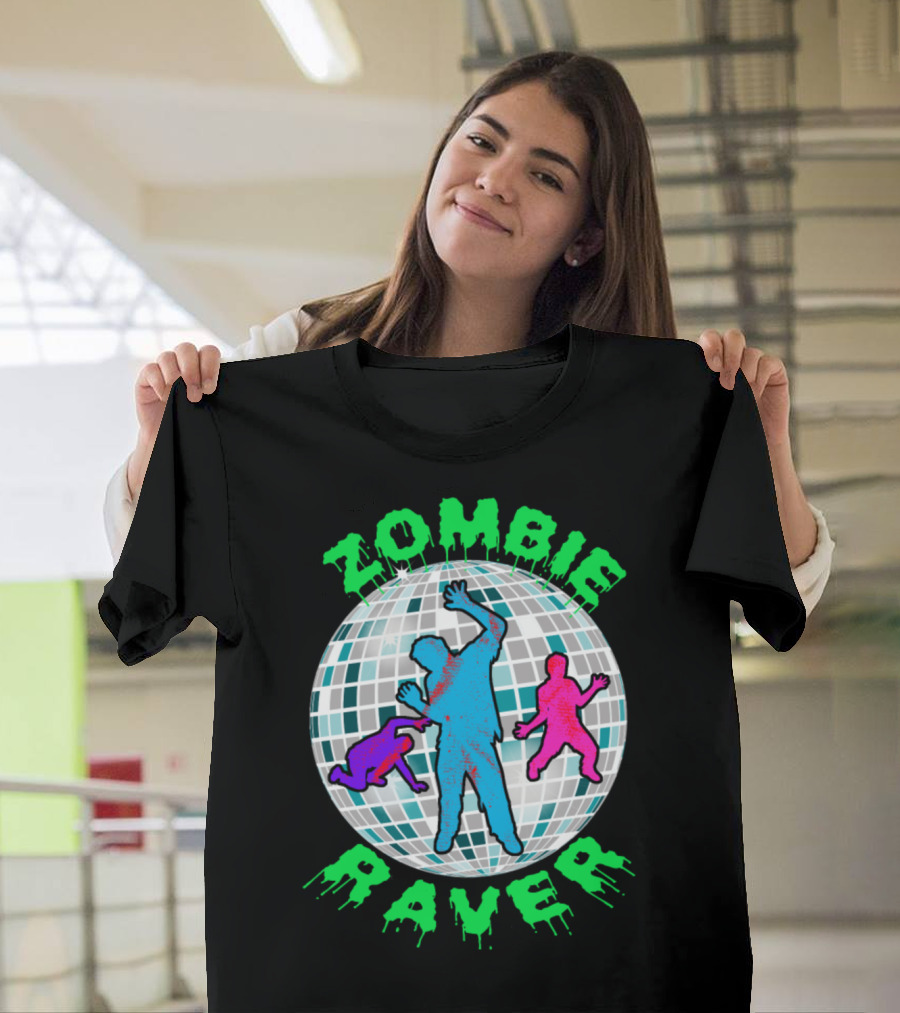 Zombie Raver Disco Dance Party with Neon Zombies on Reflective Ball T-Shirt