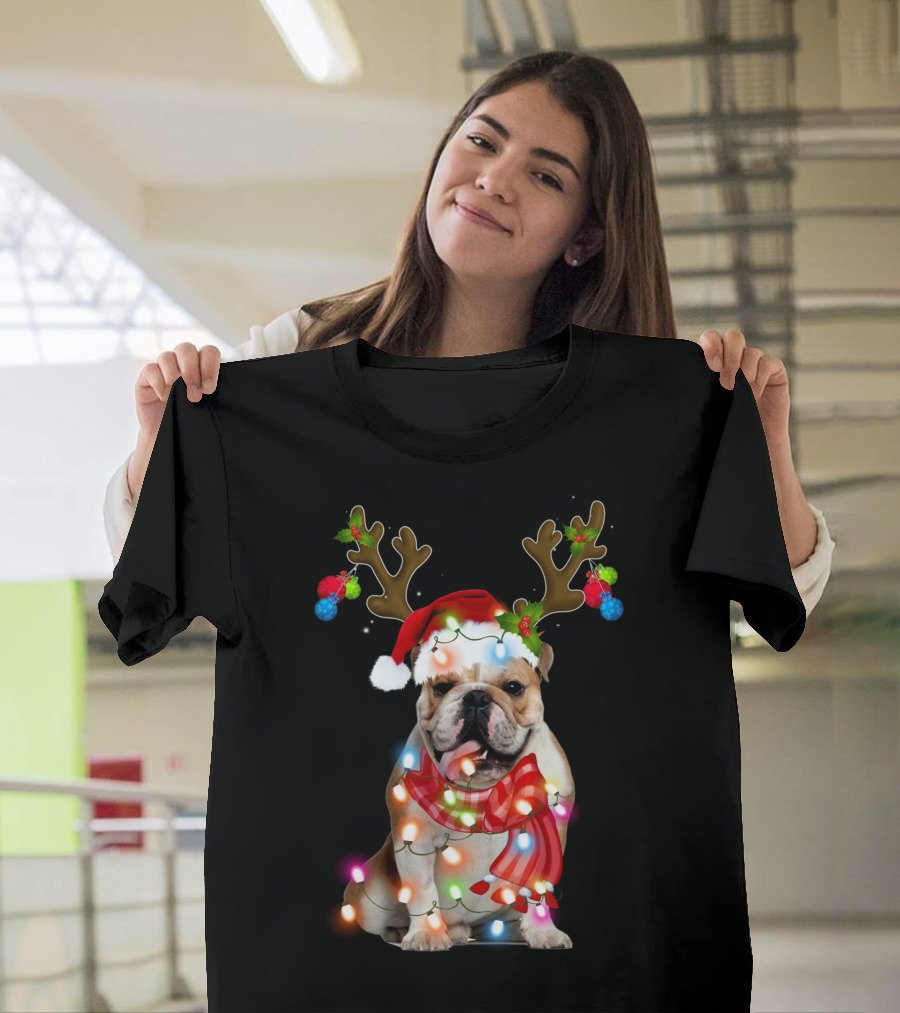 English Bulldog Santa Hat Reindeer Antlers Christmas Lights Scarf T-Shirt