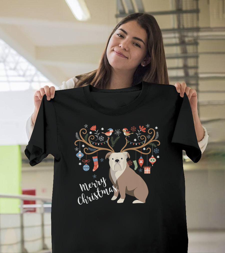 Merry Christmas Old English Bulldog Antler Decorations T-Shirt