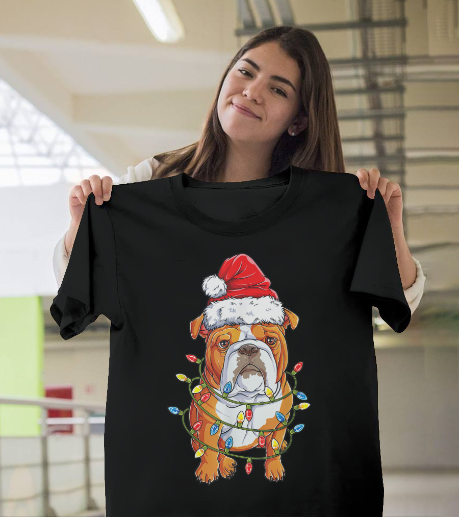 Santa English Bulldog Wrapped in Christmas Tree Lights T-Shirt