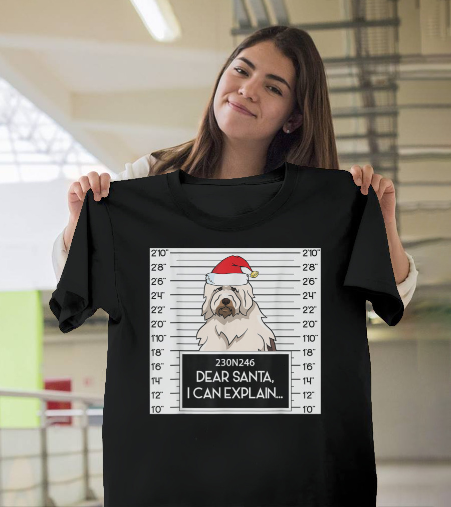 English Sheepdog Mugshot Dear Santa I Can Explain with Santa Hat T-Shirt