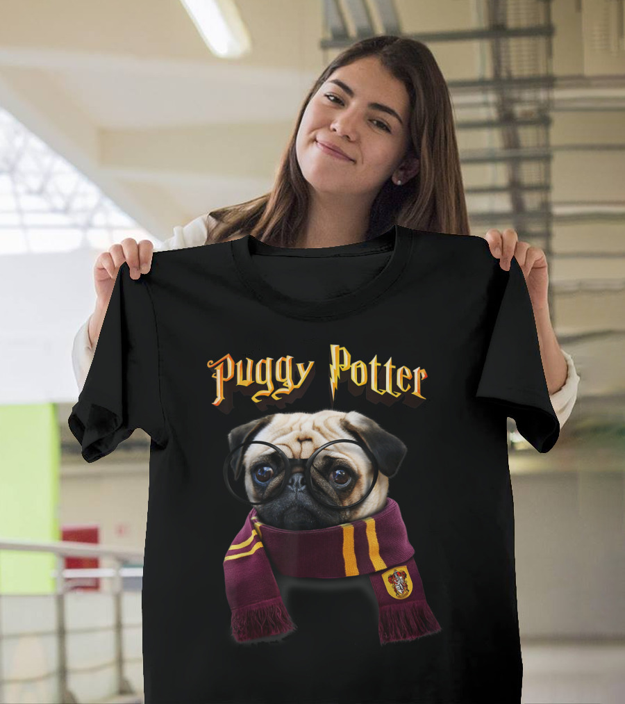 Puggy Potter Magic Wizard Pug with Glasses and Gryffindor Scarf T-Shirt