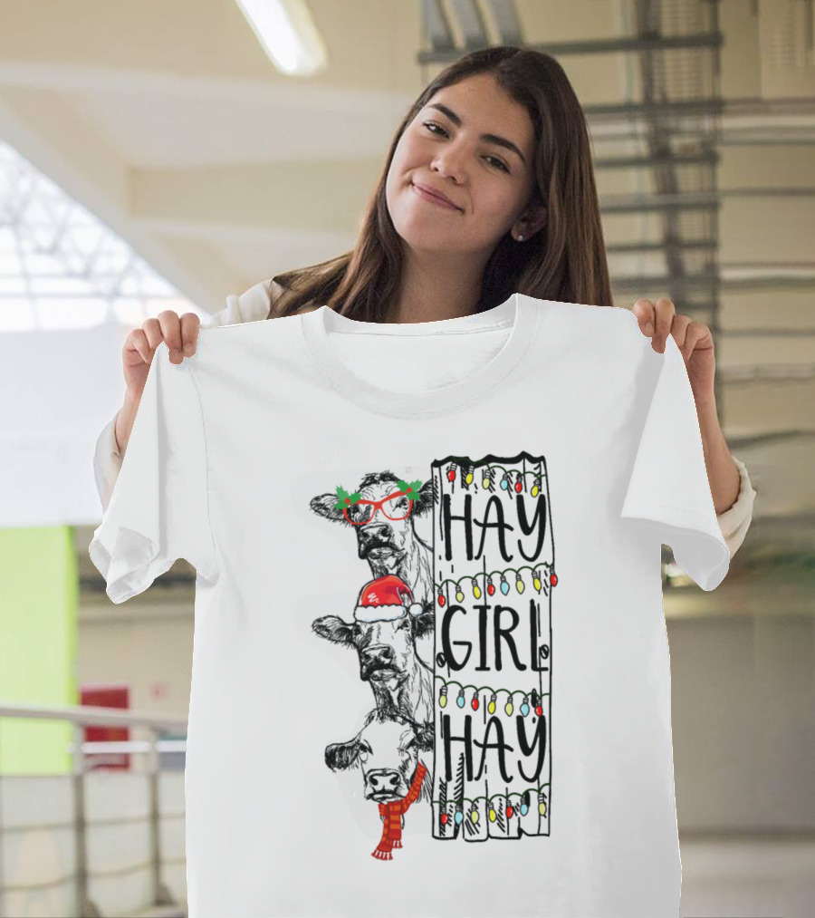 Hay Girl Hay Christmas Cow with Santa Hat and Lights T-Shirt