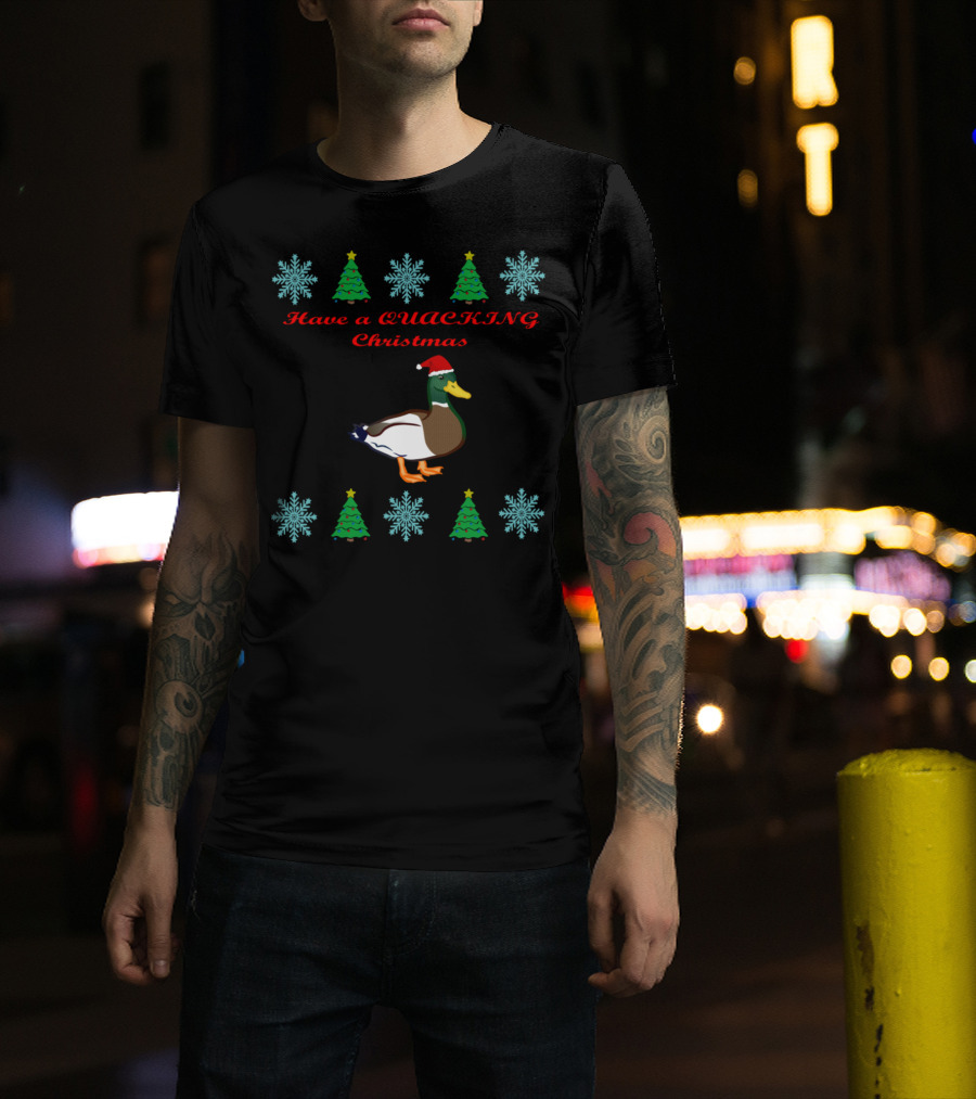 Have A Quacking Christmas Snowflakes Trees Santa Hat Duck T-Shirt