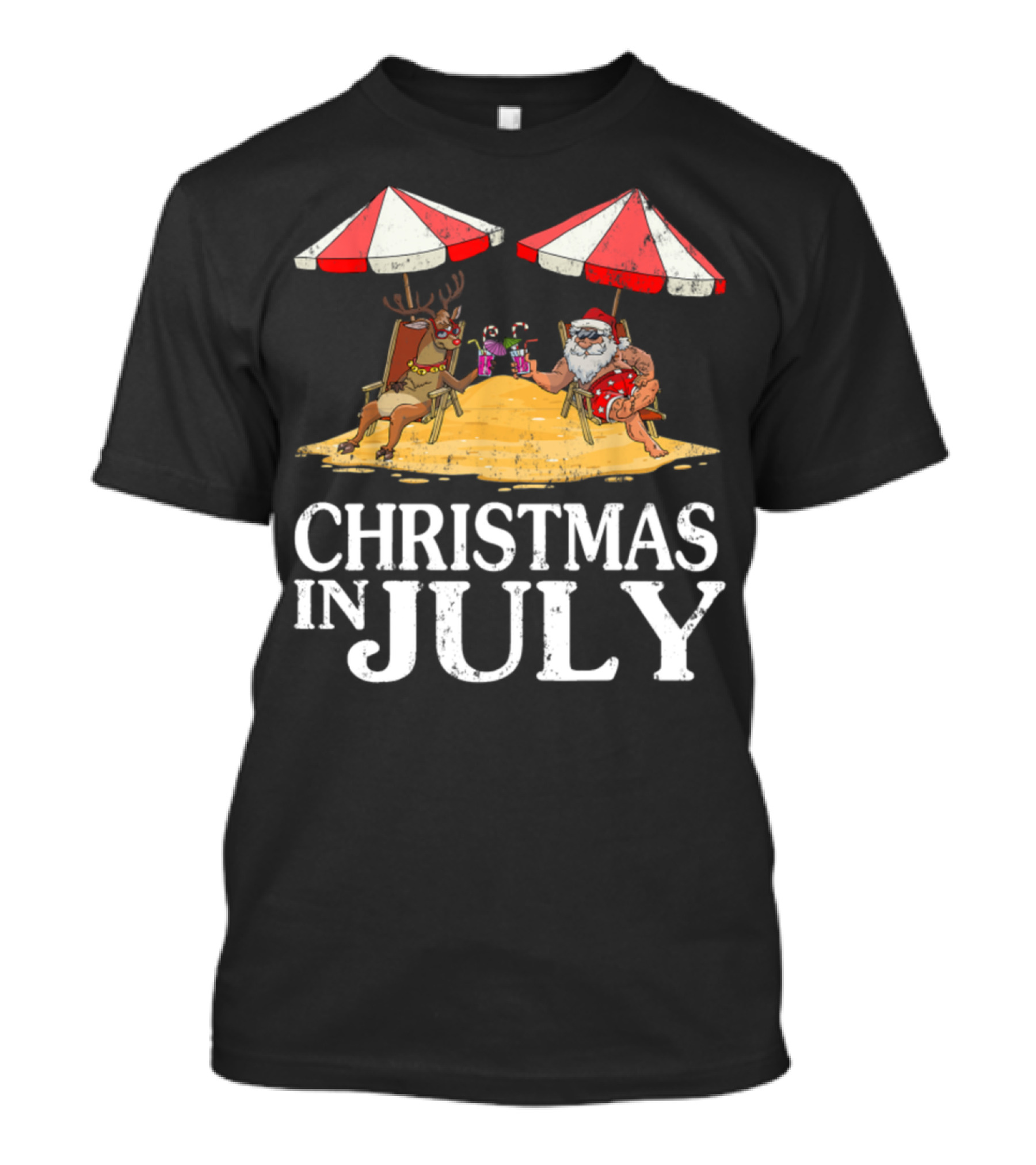 Christmas In July Santa Reindeer Party Under Beach Umbrellas T-Shirt