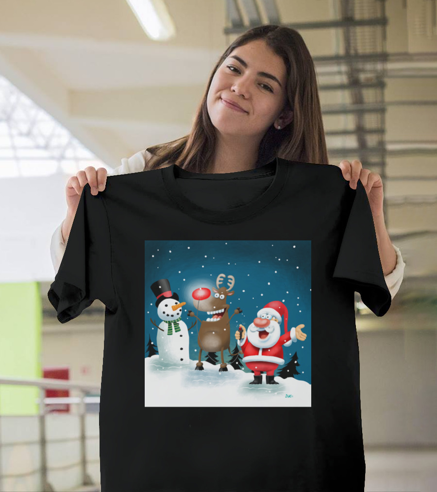 Santa and Friends with Rudolph's Glowing Nose Snow Scene T-Shirt