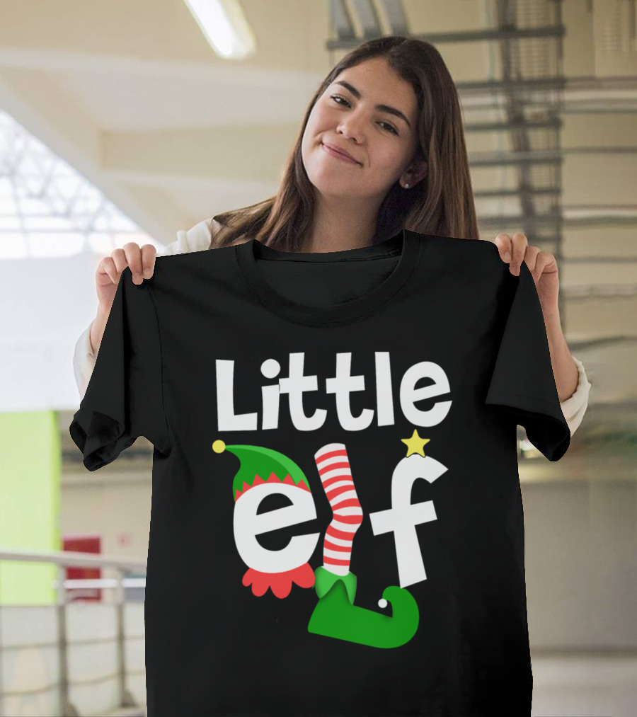 Little Elf Christmas Hat and Stocking Letter T-Shirt