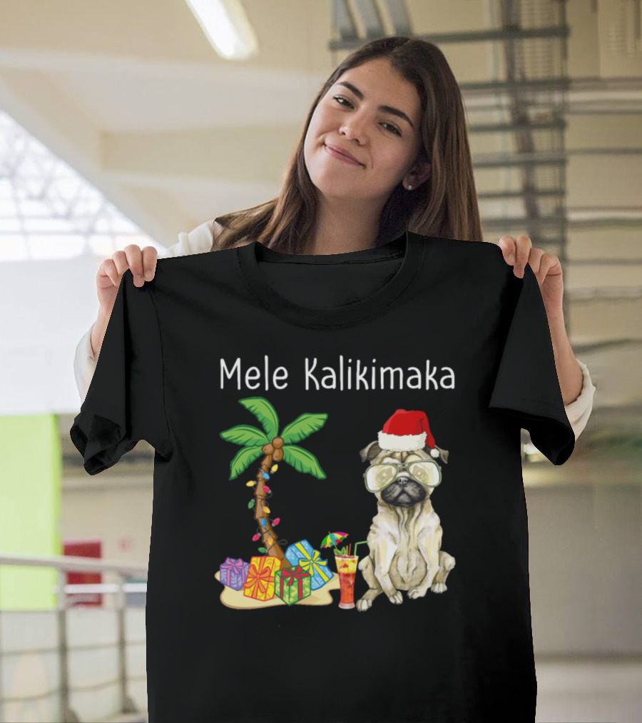 Mele Kalikimaka Santa Pug with Palm Tree Holiday Gifts and Tropical Drink T-Shirt
