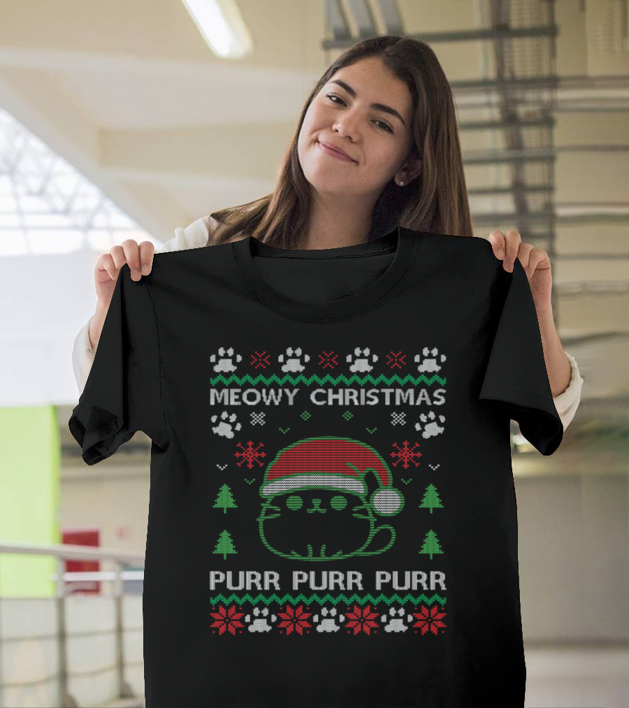Meowy Christmas Purr Purr Purr Santa Cat Paw Prints Snowflakes Trees T-Shirt