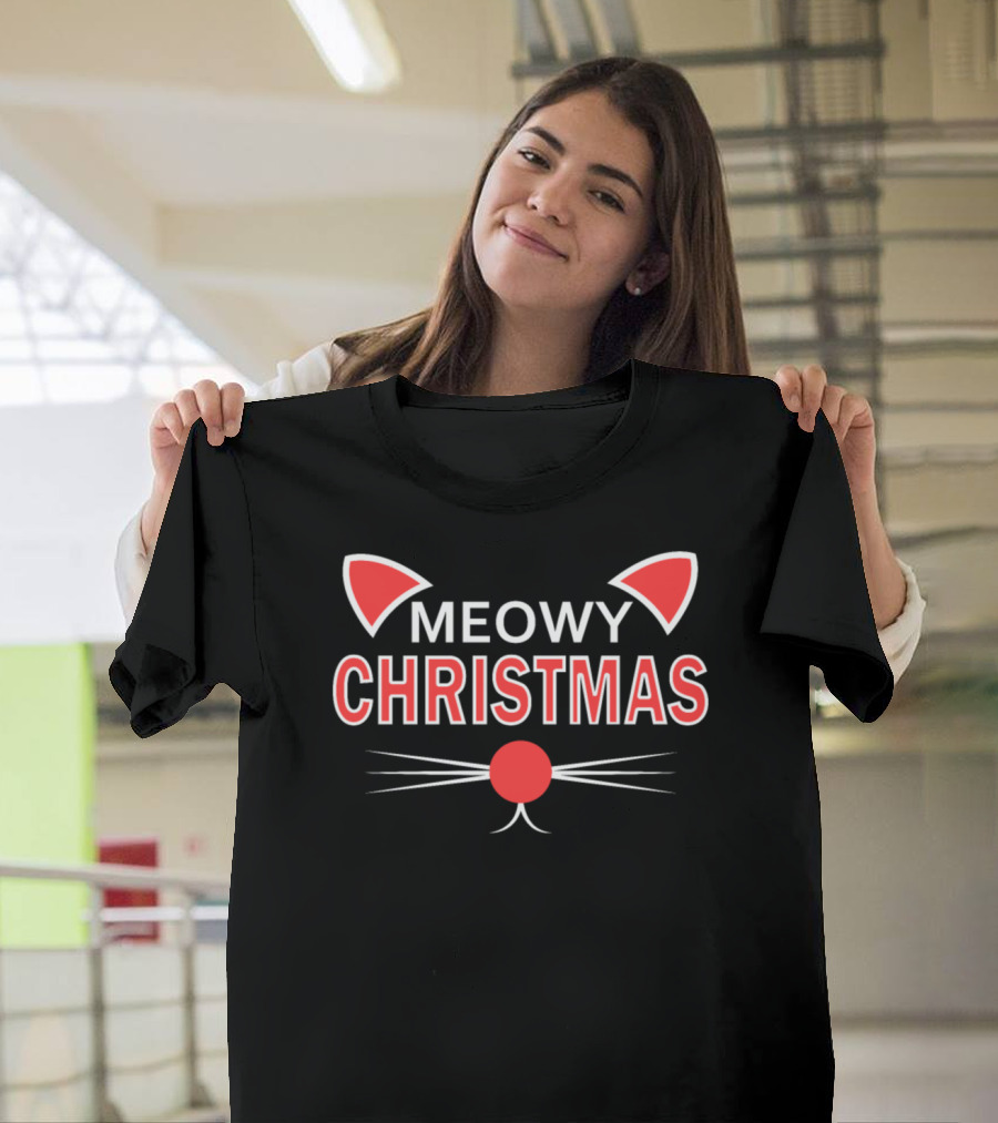 Meowy Christmas Cat Ears and Whiskers Holiday T-Shirt