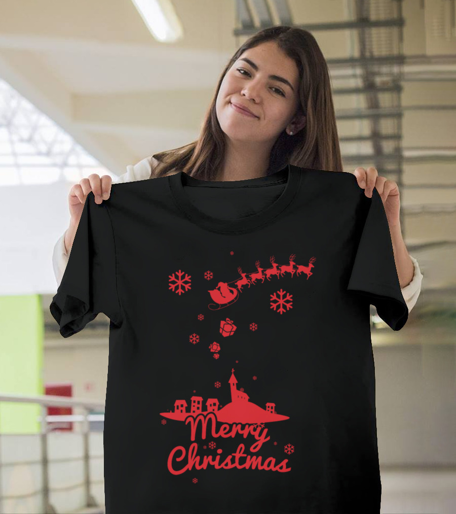 Merry Christmas Santa Sleigh Over Small Village with Snowflakes T-Shirt