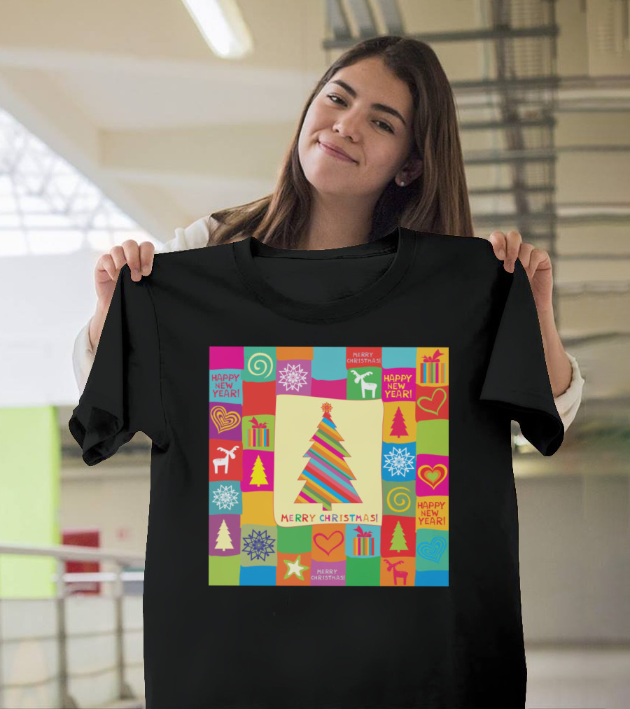 Merry Christmas Happy New Year Tree Reindeer Gifts Snowflakes T-Shirt