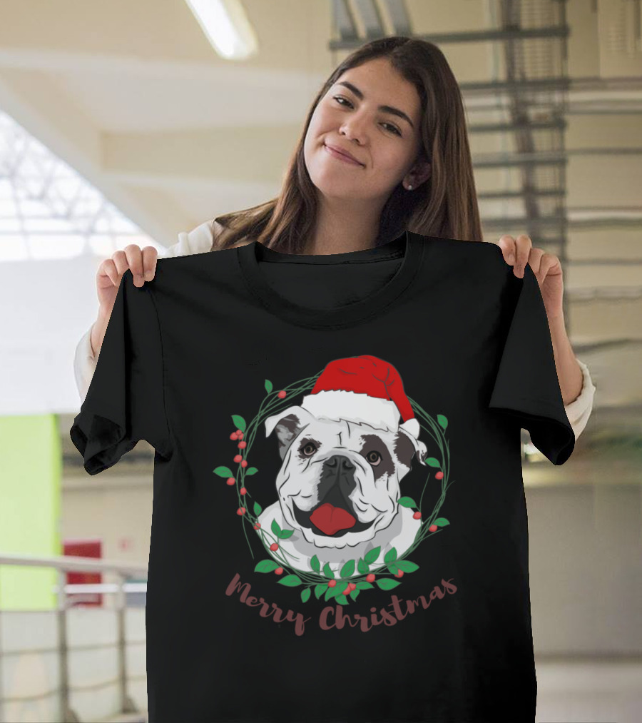 Merry Christmas Bulldog Santa Hat Wreath T-Shirt