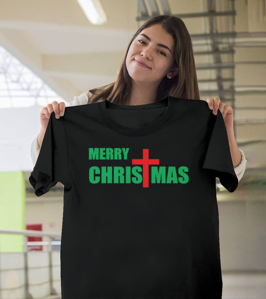 Merry Christmas Red Cross Christian Religious Holiday T-Shirt