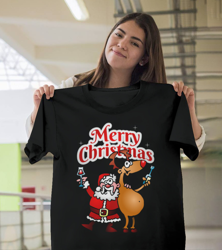 Merry Christmas Santa Claus With Reindeer Holding Wine T-Shirt
