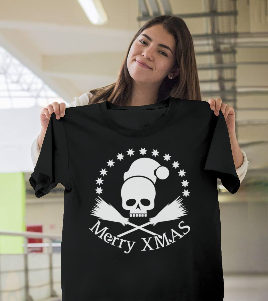 Merry Xmas Skull Santa Broomsticks Stars T-Shirt