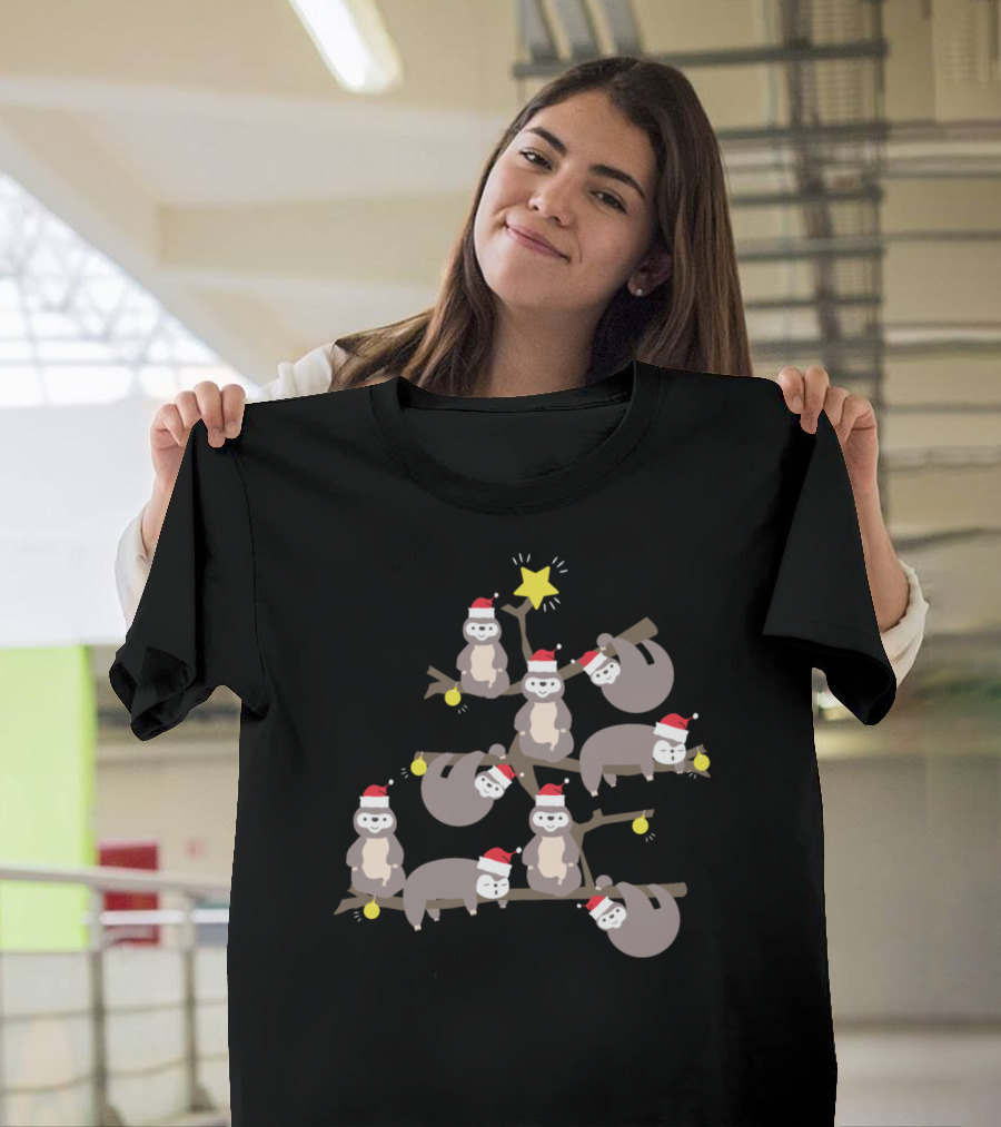 Merry Christmas Sloth Tree with Santa Hats and Stars T-Shirt