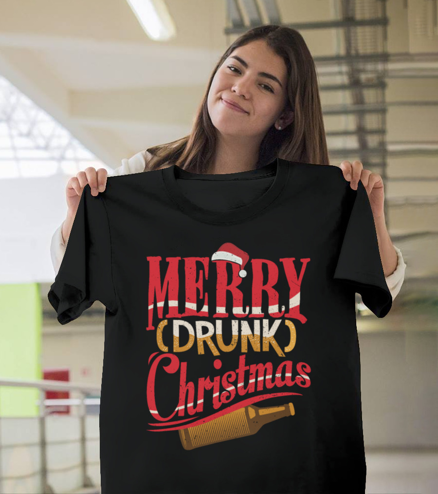 Merry Drunk Christmas Wine Santa Hat with Bottle T-Shirt