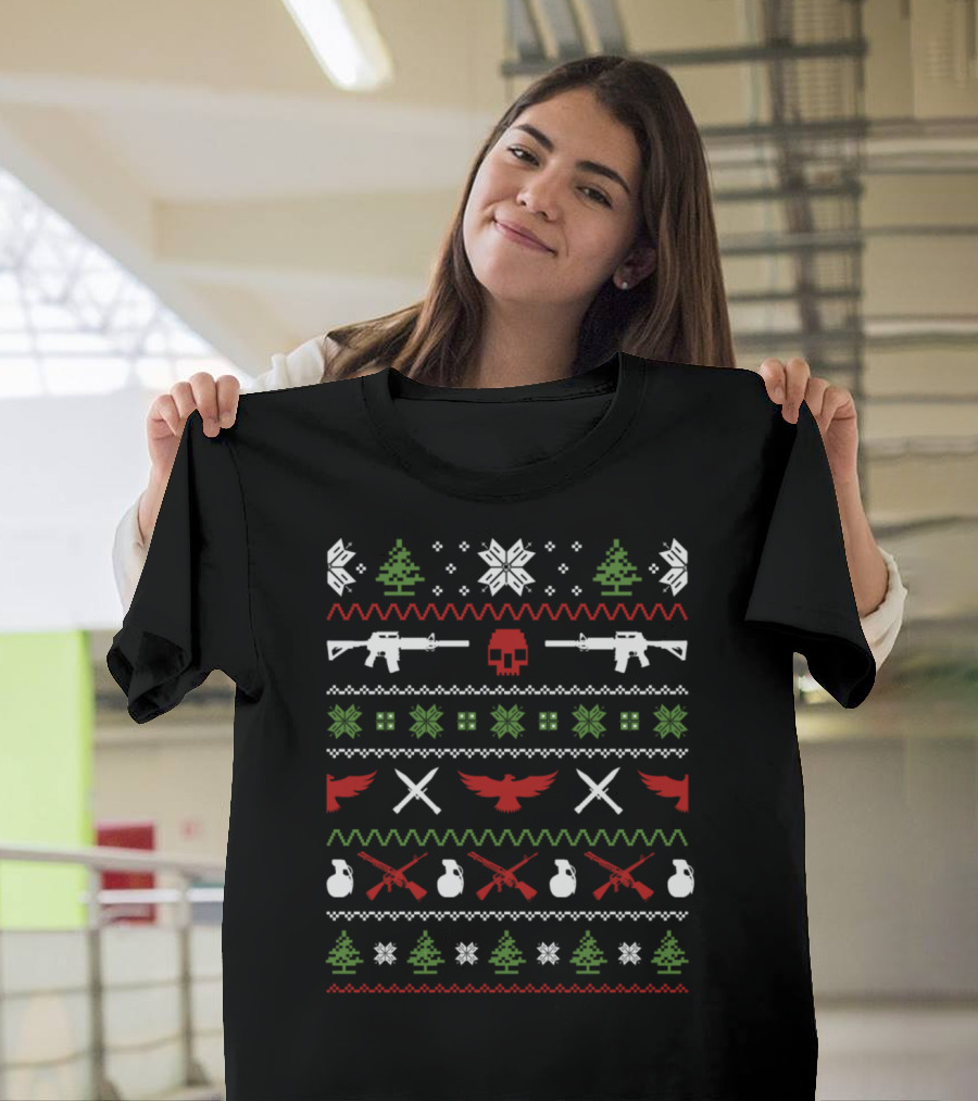 Military Guns Christmas Skull and Trees T-Shirt